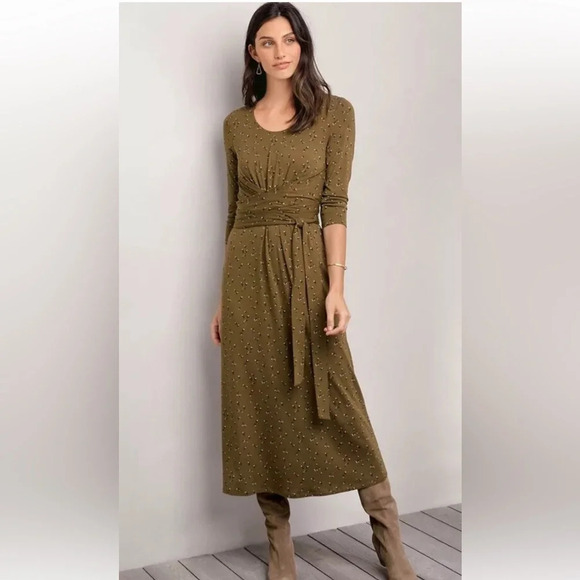 Garnet Hill Ballet-Wrap Knit Midi Dress Green Floral Womens Size Small (1204) - Picture 1 of 9